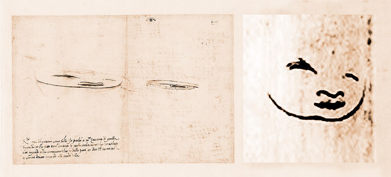 Modern illustrated reconstruction of Leonardo da Vinci's elongated anamorphic studies of an eye and a child's face