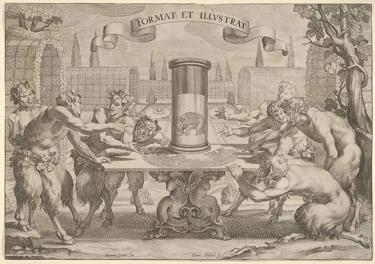 Seventeenth-century engraving of satyrs watching a cylindrical mirror reflect an elephant from a distorted drawing