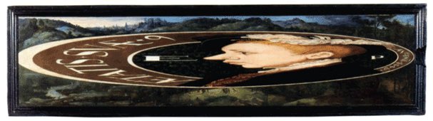 The anamorphic portrait of Prince Edward: a face smeared horizontally across a wide, shallow panel